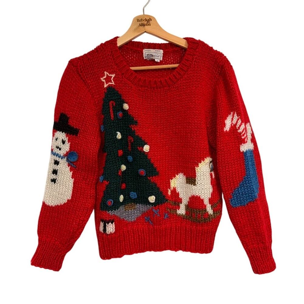 VTG Windcrest Hand Knit Christmas Sweater SZ S Christmas Tree, Snowman, Stocking